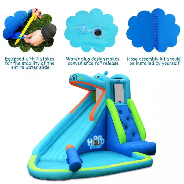 Hippo inflatable water slide bounce house with climbing wall, splash pool, and water cannon for summer fun.