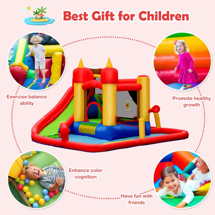 Inflatable water slide bounce house with climbing wall, splash pool, and water cannon for summer fun and safe play.