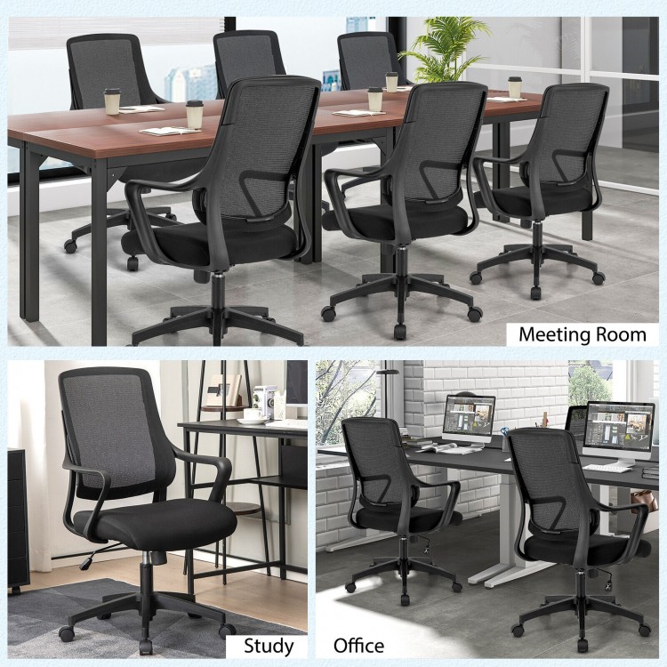 Modern black breathable mesh chair with curved backrest, ideal for office and study use, offering ergonomic comfort and.