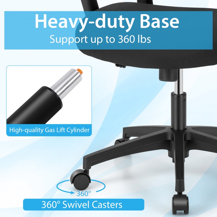 Heavy-duty base of the black ergonomic mesh chair with 360° swivel casters, supporting up to 360 lbs for versatile use.
