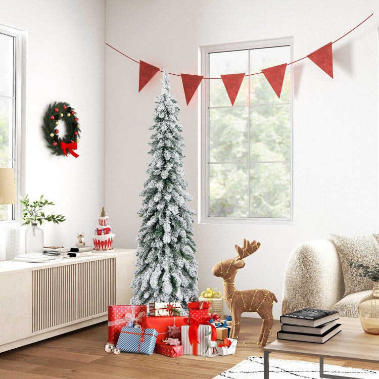 Snow-flocked 5 ft pre-lit slim pencil Christmas tree with LED lights, perfect for small spaces and holiday decor.