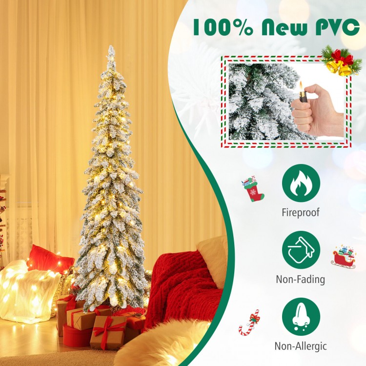 5 ft slim pencil Christmas tree with snow-flocked design and built-in timer, ideal for cozy corners during the holidays.