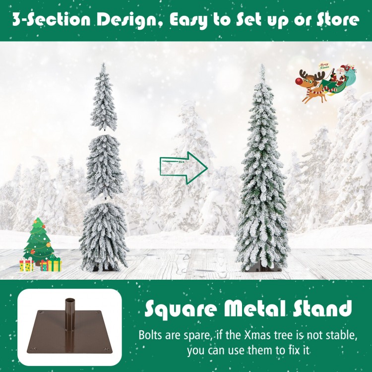5-foot snow-flocked slim pencil Christmas tree with warm-white and multi-color LED lights for festive decor.