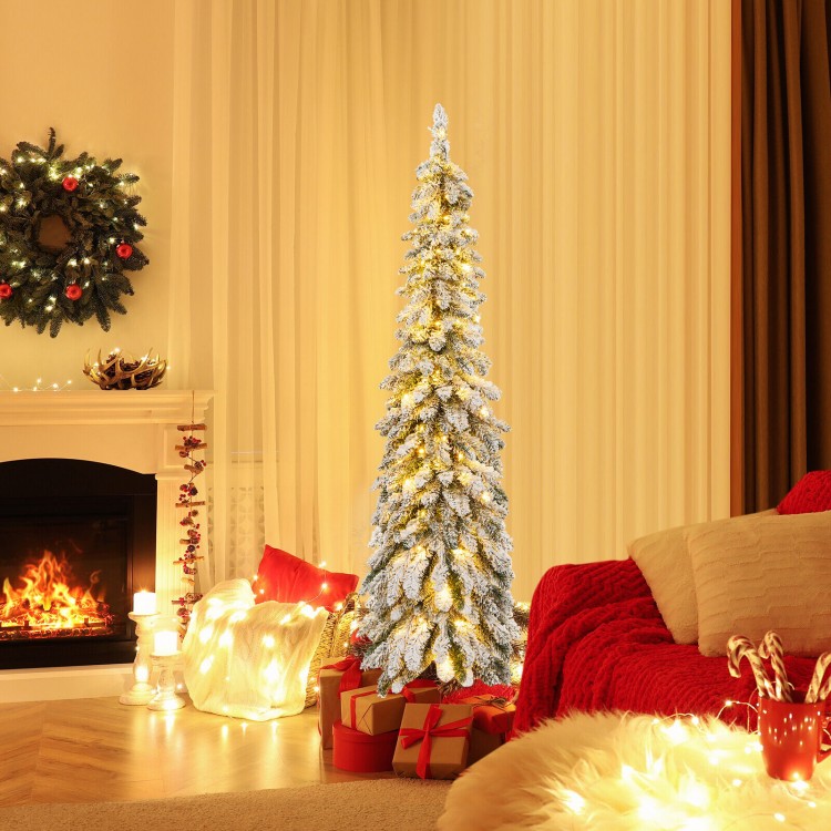 Snow-flocked 5 ft pre-lit artificial Christmas tree with warm-white and multi-color LED lights for festive decor.