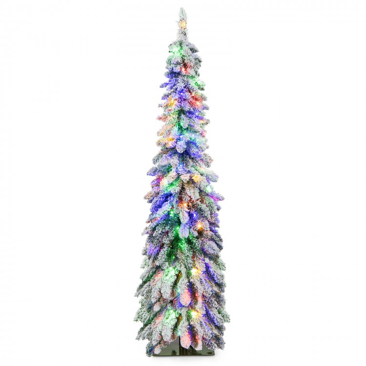 Snow-flocked 5 ft pre-lit artificial Christmas tree with multi-color and warm-white LED lights for festive decor.