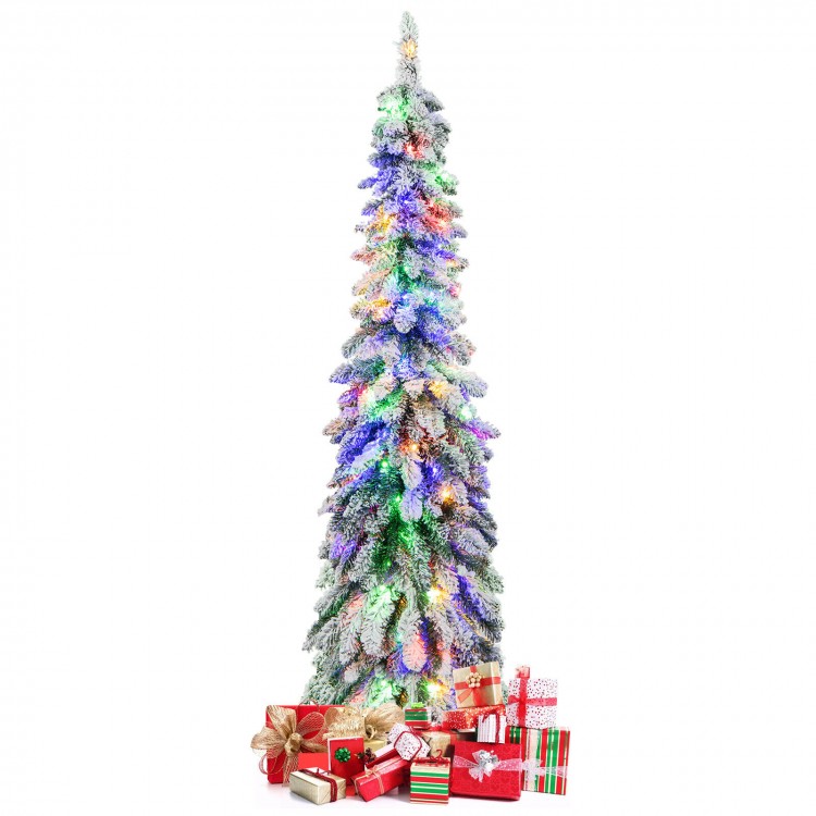 Snow-flocked 5 ft pre-lit artificial Christmas tree with LED lights and presents, perfect for holiday decor in small.