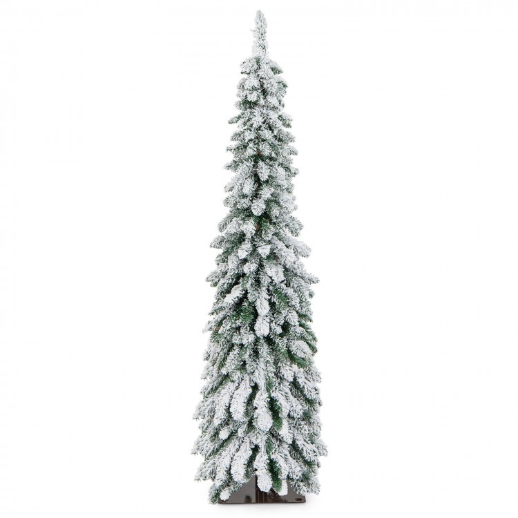 5-foot snow-flocked slim pencil Christmas tree with LED lights, perfect for small spaces and festive holiday decor.