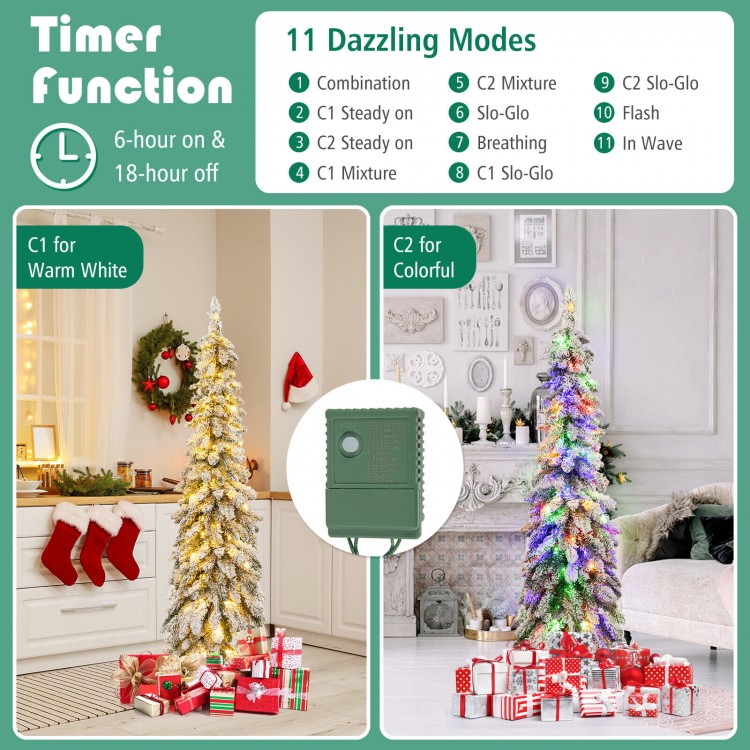 5-foot snow-flocked pre-lit artificial Christmas tree with warm-white and multi-color LED lights for festive decor.