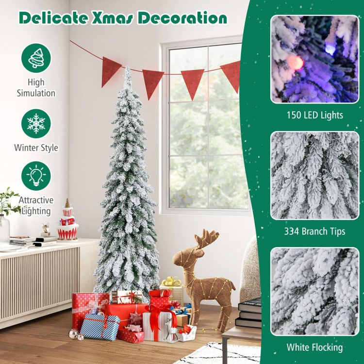 5 ft snow-flocked pre-lit artificial Christmas tree with 150 LED lights and 334 branch tips for festive holiday decor.