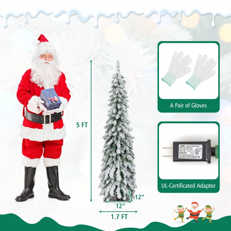 5 ft snow-flocked slim pencil Christmas tree with LED lights, perfect for small spaces and holiday decor.