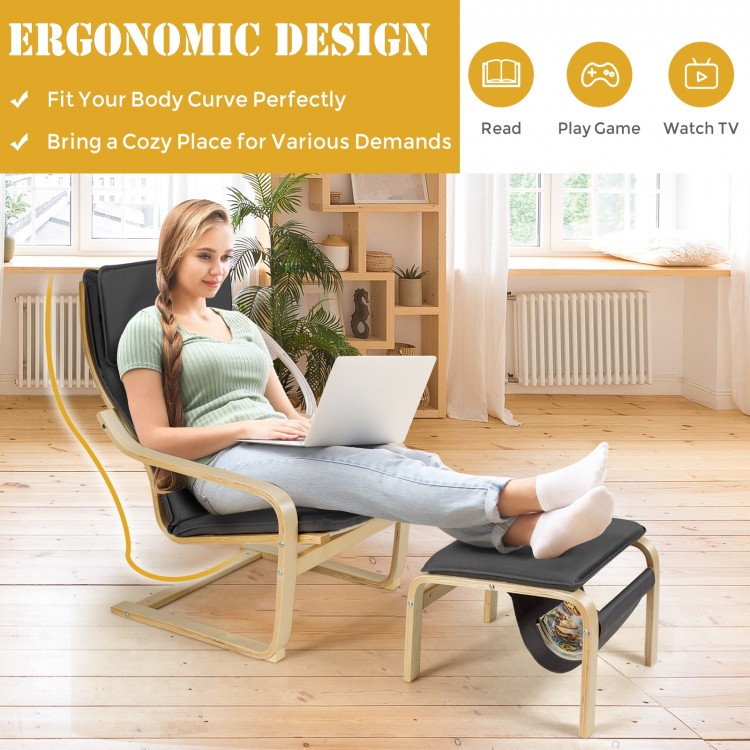 Relax Bentwood Lounge Chair set with gray cushion and ottoman, featuring ergonomic design for ultimate comfort and.