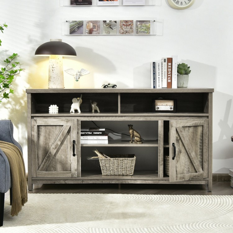 59-inch farmhouse TV stand in natural finish with barn doors, open shelves, and ample storage for living room use.