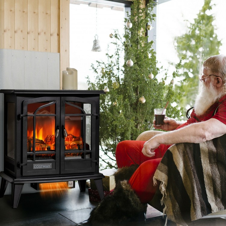 Freestanding 25-inch electric fireplace heater in black with realistic flame effect, perfect for cozy indoor settings.