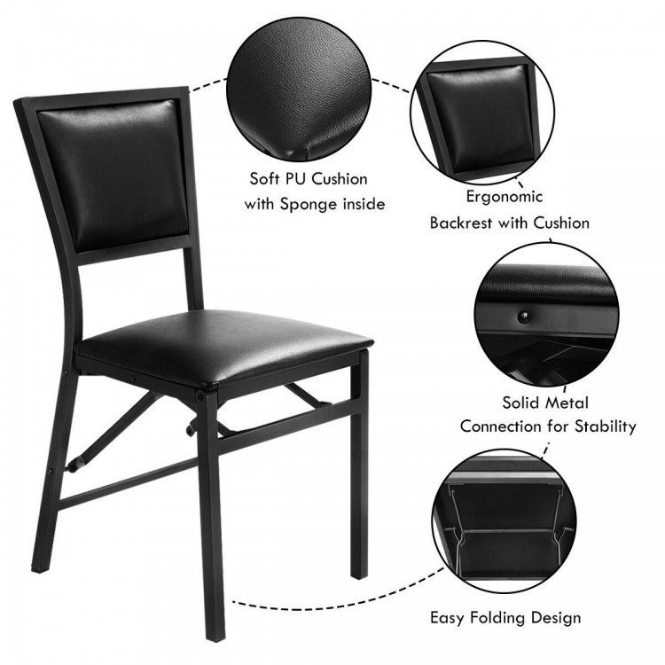 Black metal folding dining chair with soft PU cushion, ergonomic design, and space-saving for easy storage.