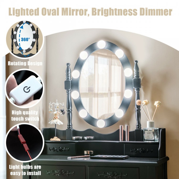 Lighted oval mirror with adjustable brightness and touch switch, paired with a black makeup dressing table and.