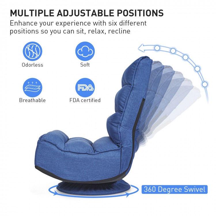 Navy 5-position folding floor gaming chair with 360-degree swivel and breathable fabric for comfortable seating.