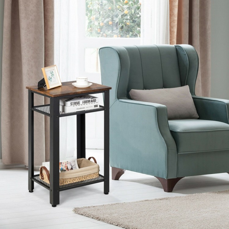 3-tier industrial end table with a rustic top and metal mesh shelves, perfect for living room or bedroom storage.