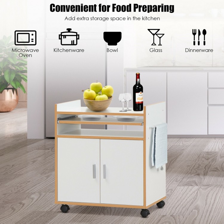 Rolling kitchen island on wheels with removable shelf and towel rack, made of engineered wood for extra storage space.