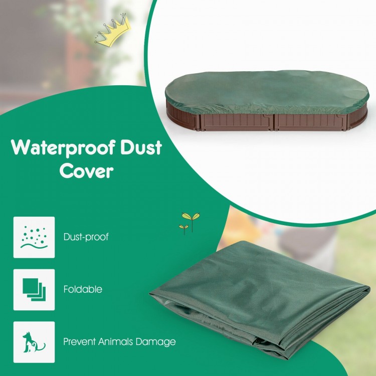 Dust-proof cover for brown sandbox with built-in corner seats, designed to prevent debris and animal damage outdoors.