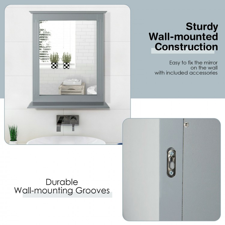 Wall-mounted gray vanity mirror with shelf, made of MDF, featuring durable grooves for easy installation and elegant.