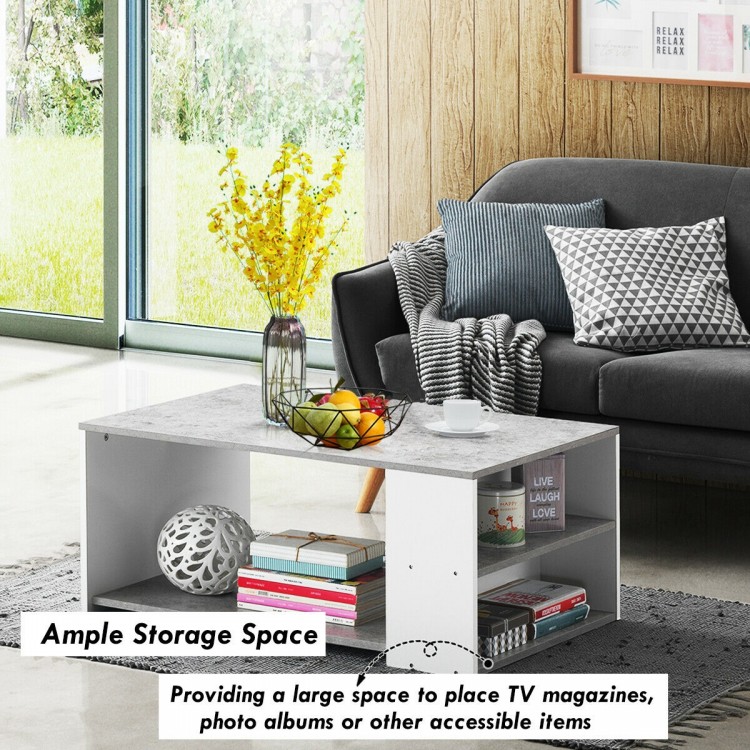 Gray coffee table with storage shelves, made of P2 MDF, perfect for living room or office, offering ample storage space.