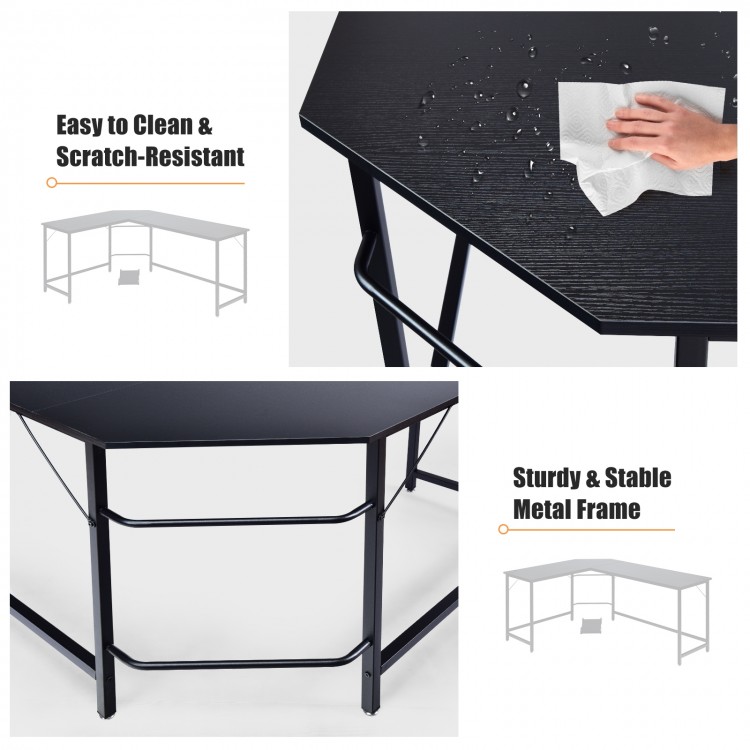 L-shaped corner computer desk in black with a sturdy metal frame, easy to clean surface, ideal for office or gaming use.