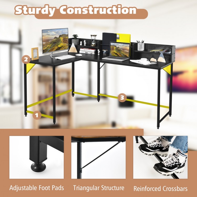 L-shaped black computer desk with bookshelf, featuring adjustable foot pads and sturdy powder-coated steel frame for.