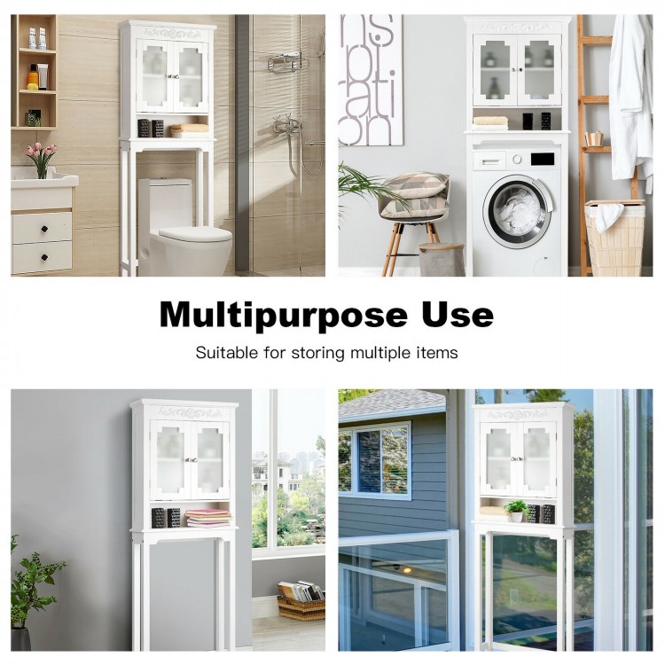 Bathroom Space Saver with carved top, adjustable shelf, and frosted glass doors, ideal for compact storage in various.