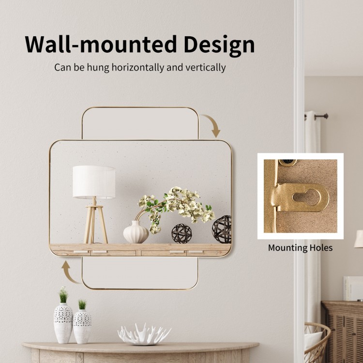 Wall-mounted 32x20 inch golden metal frame mirror with rounded corners, suitable for bathroom or living room use.