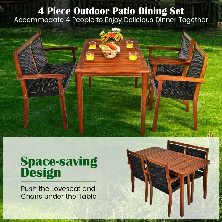 4-piece acacia wood patio dining set with rattan chairs, designed for space-saving and outdoor dining convenience.