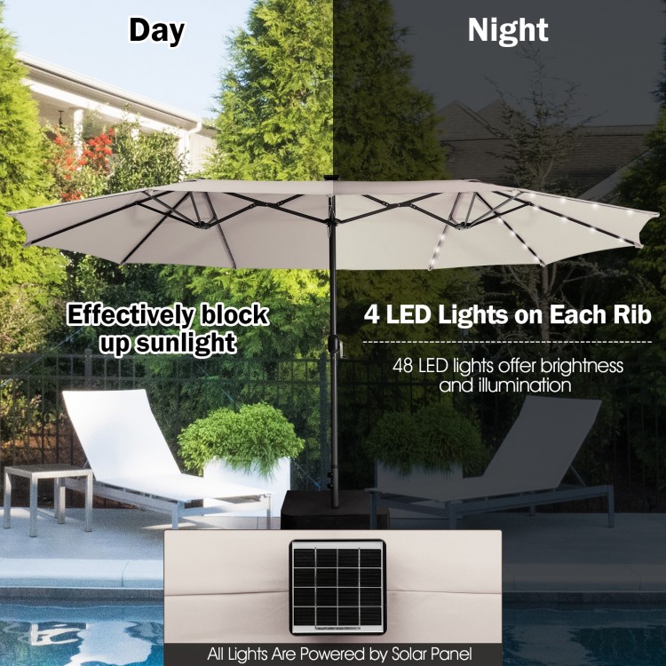 15 feet twin patio umbrella in beige with 48 solar LED lights, perfect for outdoor gatherings and shade.