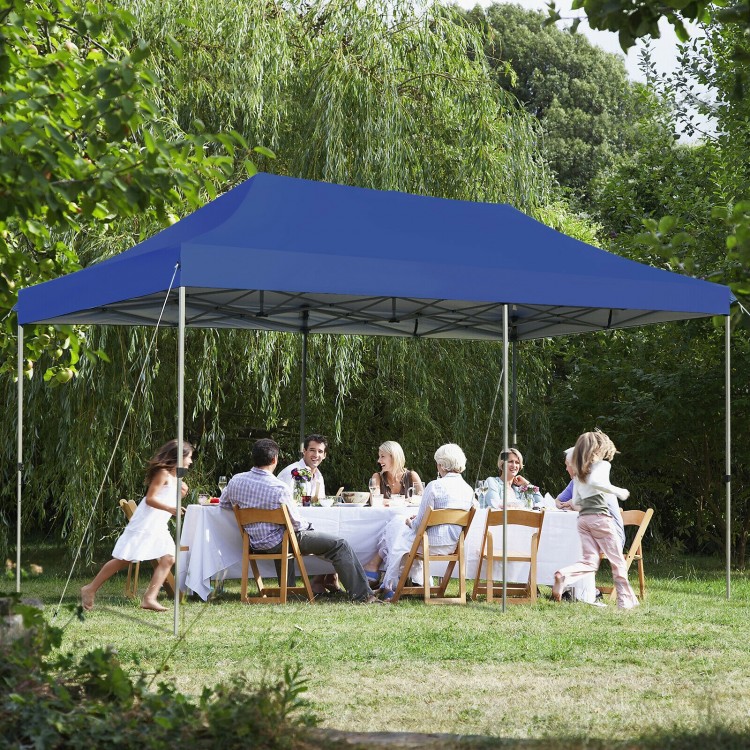 Blue 10 x 20 feet folding sun shelter with a sturdy steel frame, ideal for outdoor parties and picnics.