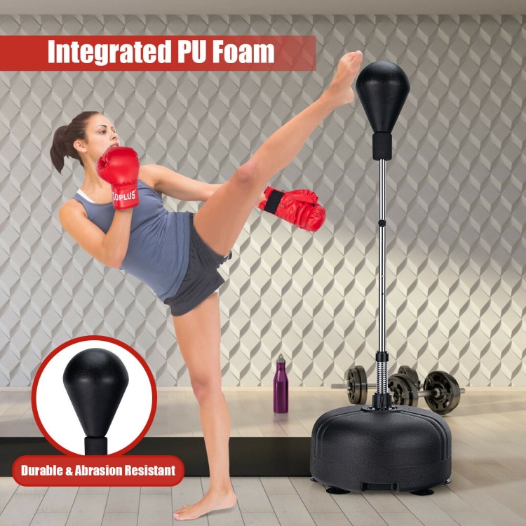 Freestanding punching bag with adjustable height, integrated PU foam, and breathable boxing gloves for versatile.