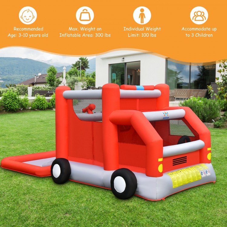Fire truck-themed inflatable bounce house with slide and water spray, perfect for backyard fun for up to 3 kids.