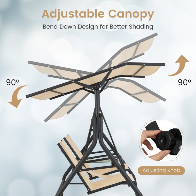 Adjustable canopy of the 2-seat outdoor cushioned porch swing for customizable shading and comfort in any outdoor space.