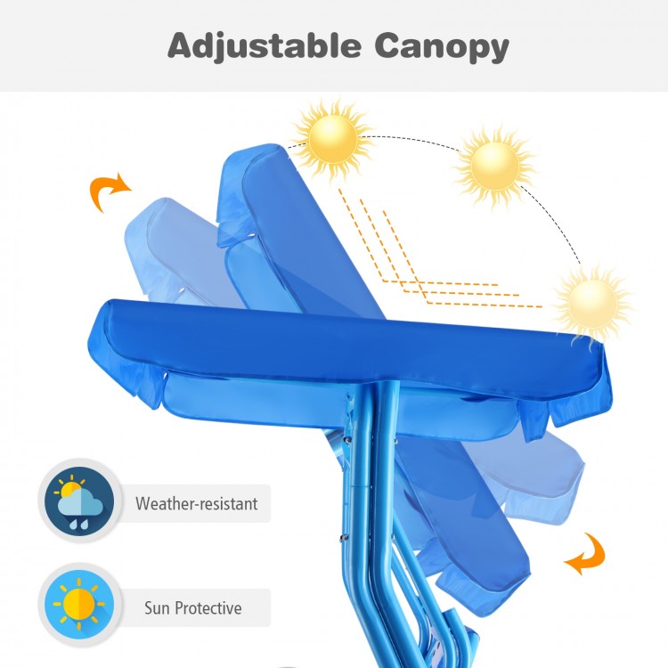 Adjustable blue canopy of the outdoor kids patio swing bench, sun protective and weather-resistant for safe play.