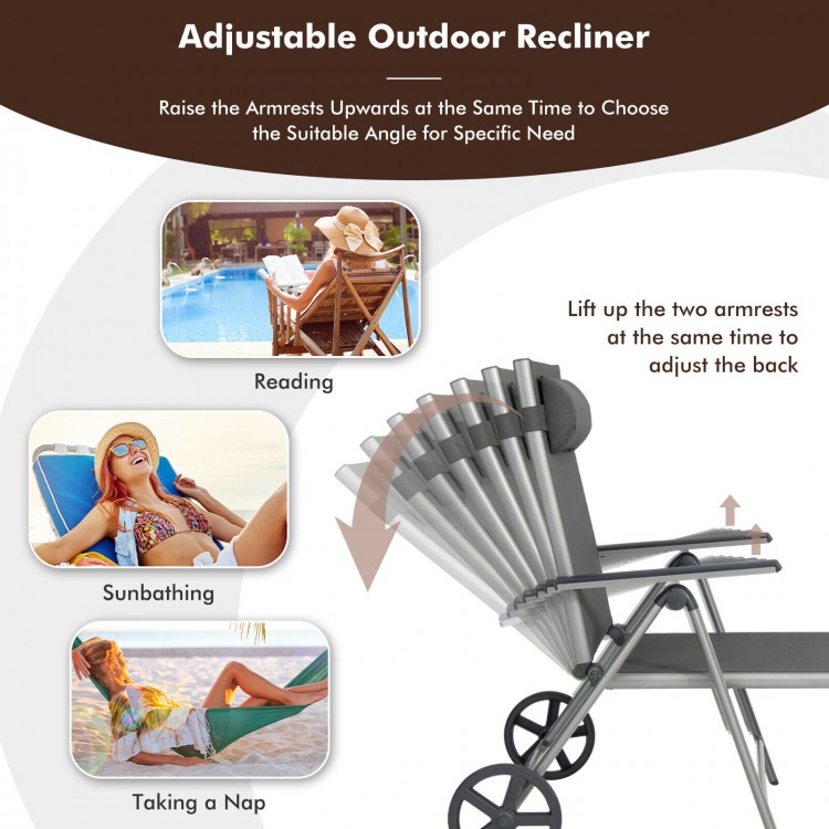 Adjustable patio folding chaise lounge chair with wheels, featuring a 7-level backrest for reading, sunbathing, or.