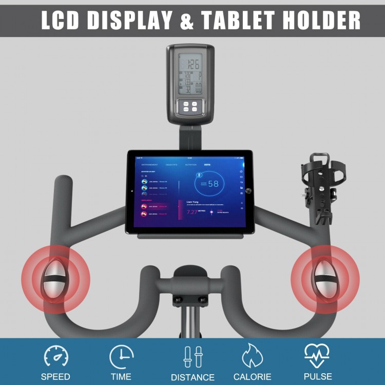 Magnetic exercise bike featuring an LCD display, tablet holder, and adjustable seat for personalized workouts.