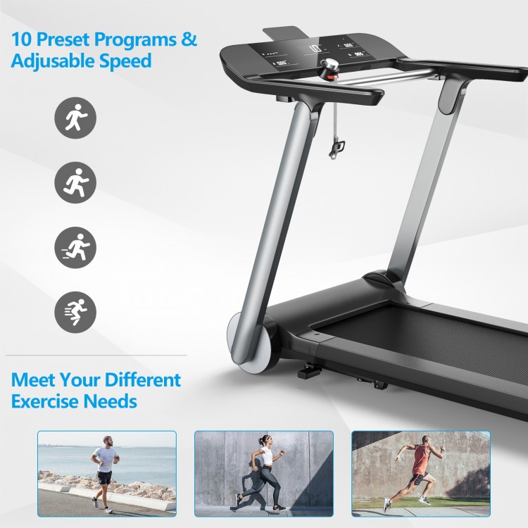 Folding treadmill with LED display, adjustable speed up to 9.9 MPH, ideal for home workouts and easy storage.