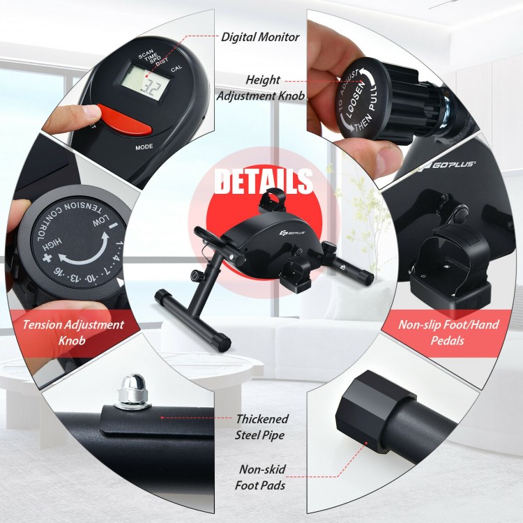 Portable under desk bike pedal exerciser with adjustable magnetic resistance, featuring a digital monitor and sturdy.