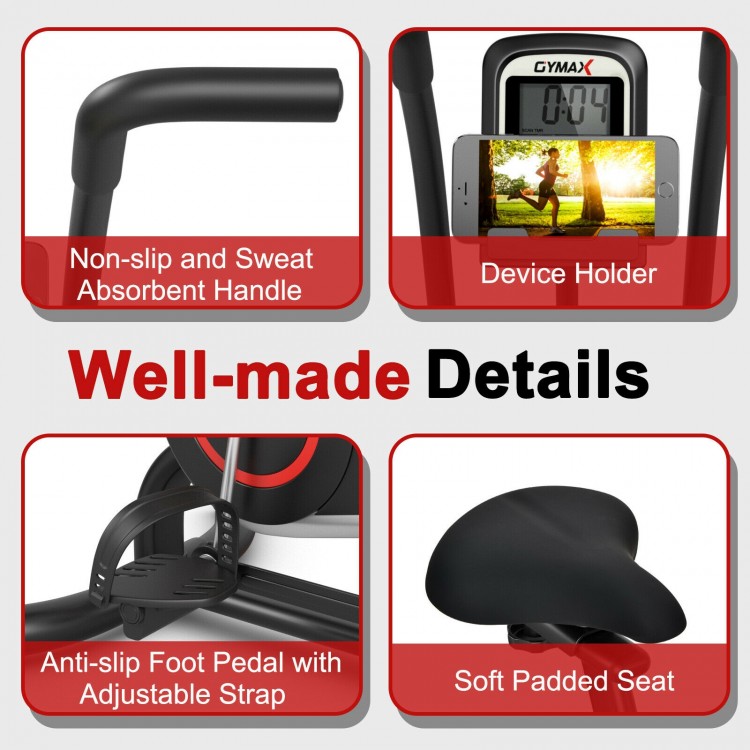 Close-up of the non-slip handle and adjustable seat of the black upright air bike for full body workouts.