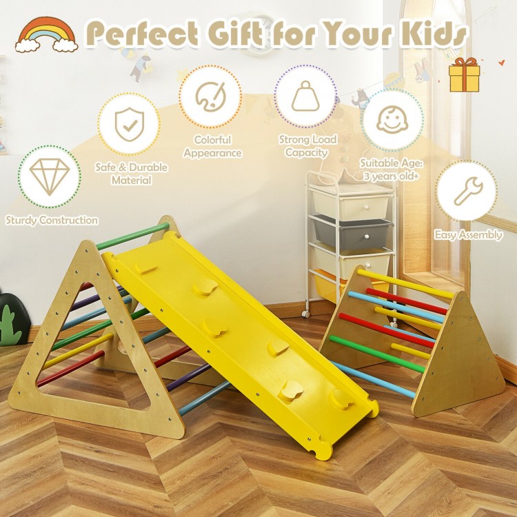 3-in-1 wooden climbing toy set featuring two triangle climbers and a yellow ramp, ideal for kids' motor skill.