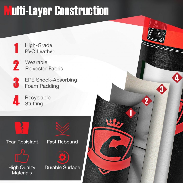 Close-up of the multi-layer construction of the 11 Pounds Kids Hanging Punching Bag, featuring durable PVC leather and.