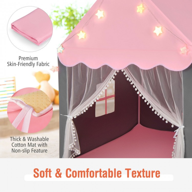 Kids playhouse tent in pink with star lights, featuring a soft, non-slip cotton mat and breathable gauze curtains.