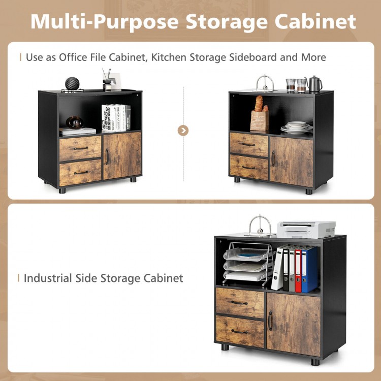 Multi-purpose kitchen storage buffet sideboard in black with rustic brown, featuring 2 drawers and an open shelf for.
