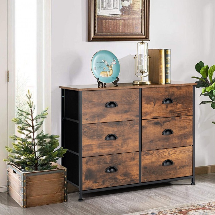 6-drawer storage chest in rustic brown with fabric drawers and wooden top, ideal for living room or bedroom.