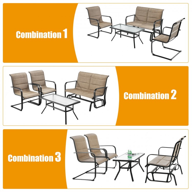 4-piece outdoor patio furniture set featuring a padded glider loveseat and coffee table in brown for versatile seating.