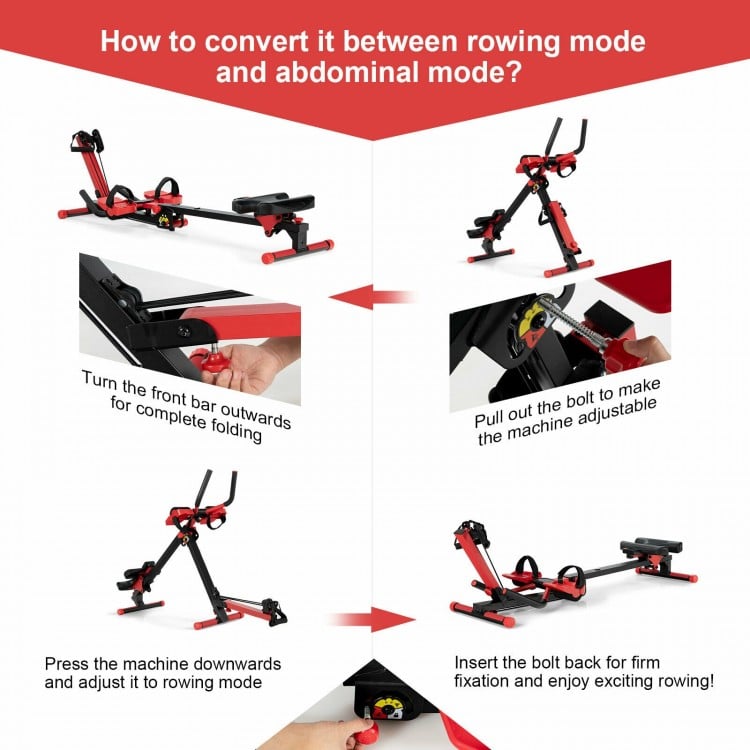 Folding rowing machine in adjustable rowing mode, featuring a sturdy steel frame and control panel for home workouts.