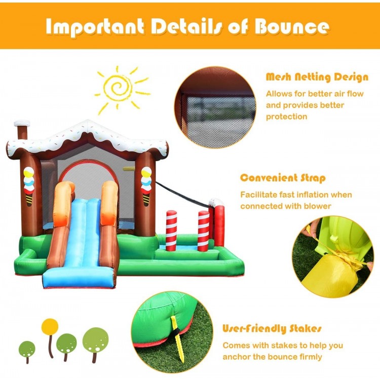 Inflatable kids bounce house with slide and mesh safety netting, designed for indoor or outdoor fun and easy setup.