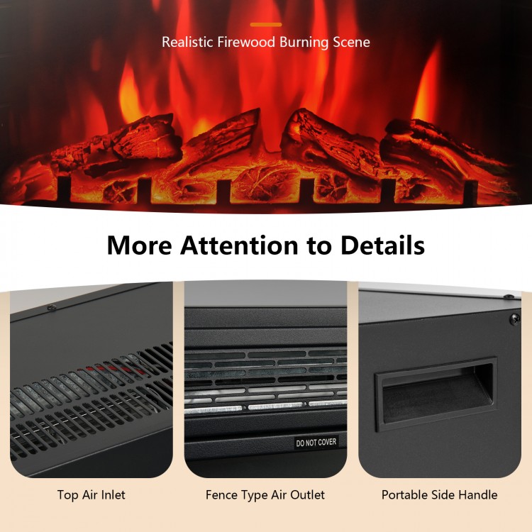 Realistic flame effect and control features of the 28 Inch Electric Freestanding Fireplace with remote for cozy.